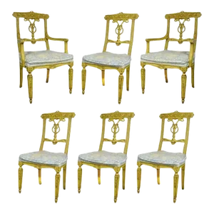 Mid 20th Century Vintage French Regency Louis XVI Yellow Carved Wood Dining Chairs - Set of 6