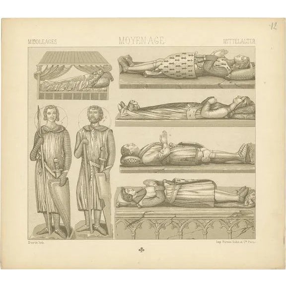 Racinet, Middle Ages Statues Objects, 1880, Paper For Sale