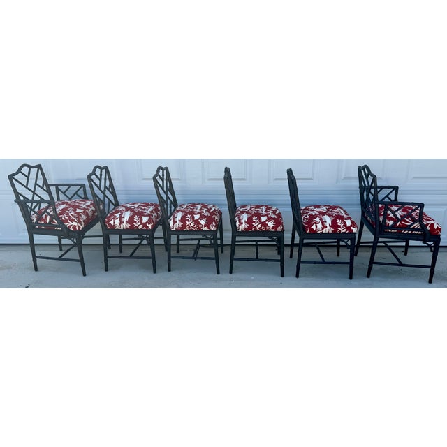 Black Set of Six 1970s Black Chinese Chippendale Style Faux Bamboo Dining Chairs For Sale - Image 8 of 12