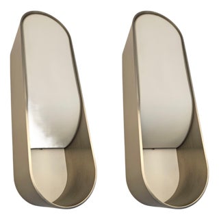 New Pair of Boyd Lighting Loop Led Wall Sconces – Satin Nickel & White Glass For Sale
