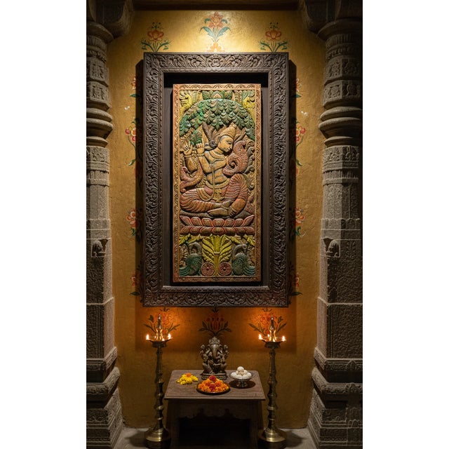 Mid-Century Modern Fluting Krishna Carved Wood Wall Art – Vintage Indian Door Panel Decor 83x36 For Sale - Image 3 of 8