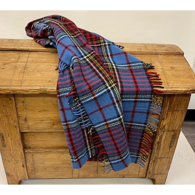 Merino Lambswool Knee Rug / Blanket in a Colorful Blue Plaid Pattern- Made in England For Sale - Image 9 of 11