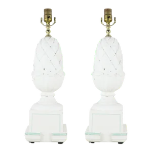 Pair of English Traditional White Carved Wooden Pineapple Lamp
