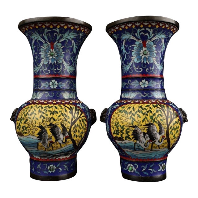 Pair of Chinese Cloisonné "Crane & Willow" Vases With Beast Handles - 15.8 LBS For Sale