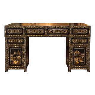 1960s Large Chinoiserie Black Laquer Writing Desk For Sale