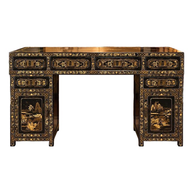 1960s Large Chinoiserie Black Laquer Writing Desk For Sale