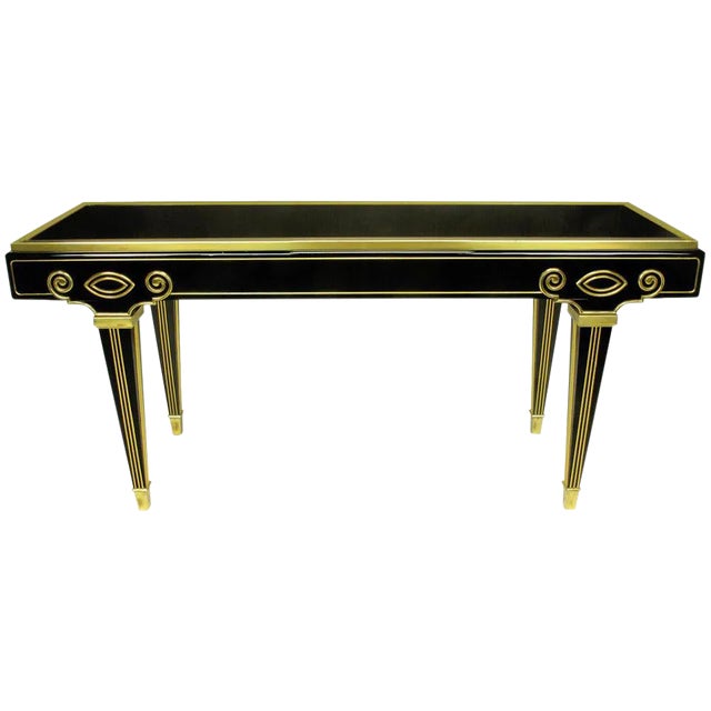 Mastercraft Black Lacquer and Brass Empire Moderne Console Table For Sale