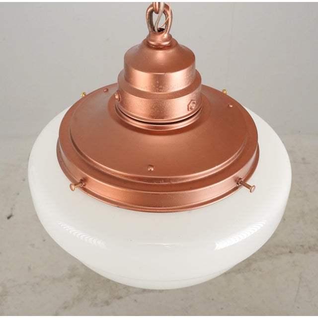 Antique Schoolhouse White Milk Glass Copper Chain Pendant Light For Sale - Image 4 of 6