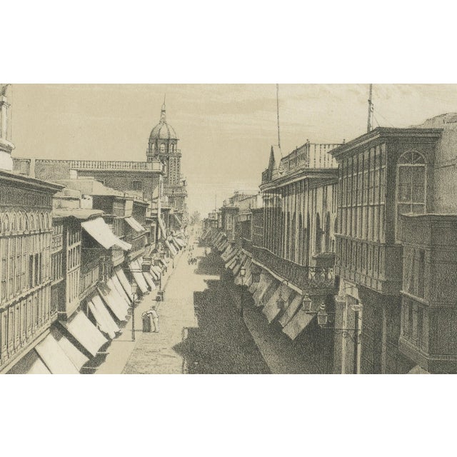 Antique lithograph views of Lima, Peru – Paseo de los Descalzos & Calle de Mercaderes, 1865 This lithograph sheet presents...