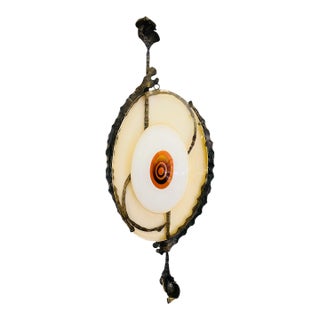 Brutalist Midcentury Iron and Glass Wall Lamp Sconce Light For Sale
