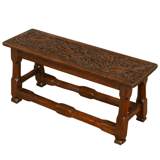 Antique English Carved Oak Arts & Crafts Hall Bench Seat 'Birds in a Tree' 1900 For Sale - Image 10 of 14