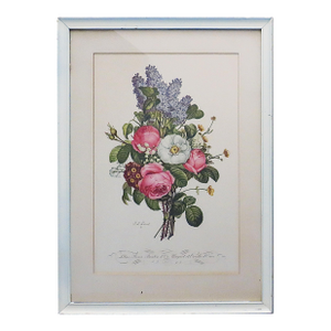 French J. L. Prevost Framed Lithograph Print Lilacs & Roses Shabby Cottage Chic Still Life Flowers Floral Antique