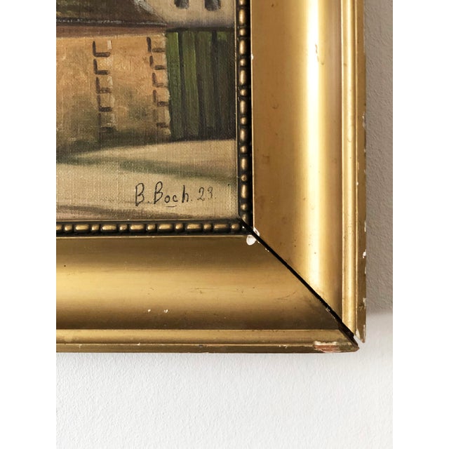 A vintage original oil painting of a Scandinavian countryside cottage, dated 1923. The scene shows traditional cottages in...