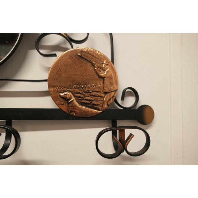 French Iron and Copper Hall Coat Hooks with Mirror, 1950 For Sale - Image 3 of 7