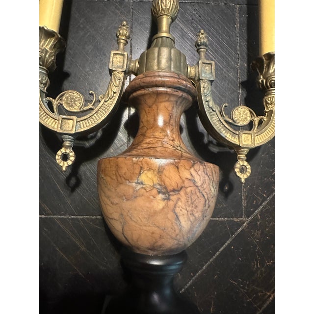 Metal Antique Brass and Marble Candelabra Table Lamp. French Louie XVI Style. For Sale - Image 7 of 12