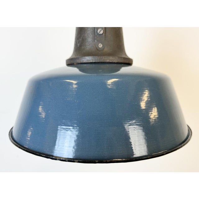 Industrial Blue Enamel Factory Lamp with Cast Iron Top, 1960s For Sale - Image 4 of 18