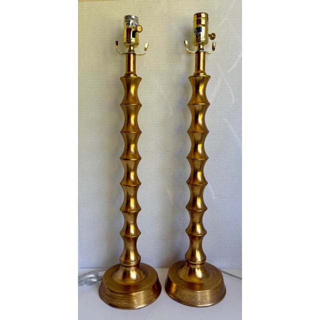 Metal Pair of Contemporary Chinoiserie Faux Bamboo Brushed Gold Table Lamps For Sale - Image 7 of 7