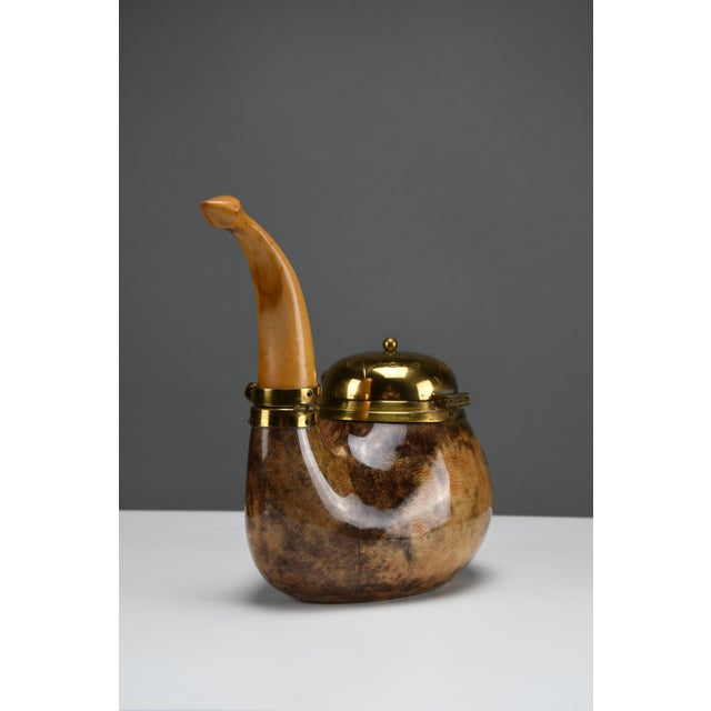 Pipe-Form Tobacco & Match Box in Lacquered Goatskin and Brass by Aldo Tura for Macabo, Italy, 1950s For Sale - Image 10 of 11