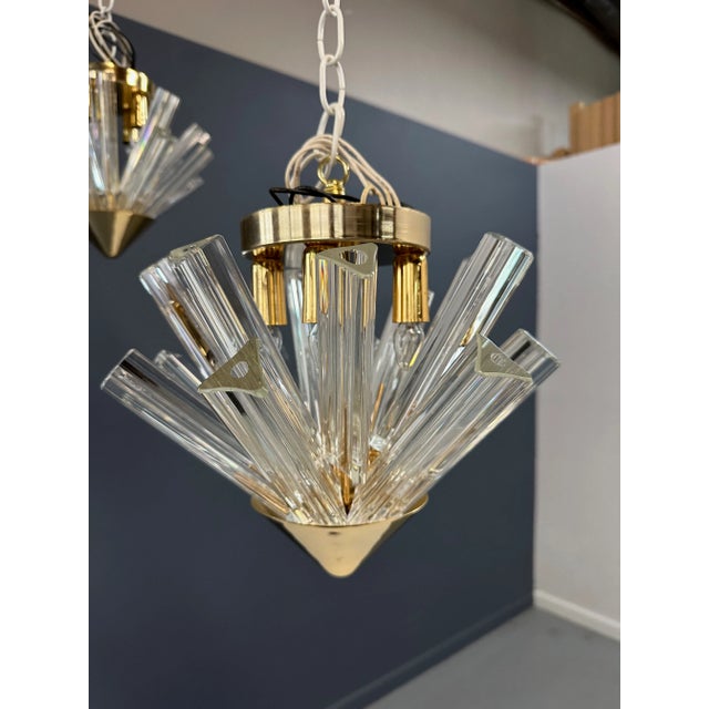 Metal Pair of 1980s Mid-Century Murano Style GlassTriedri & Glass Flush Mount Pendant For Sale - Image 7 of 8