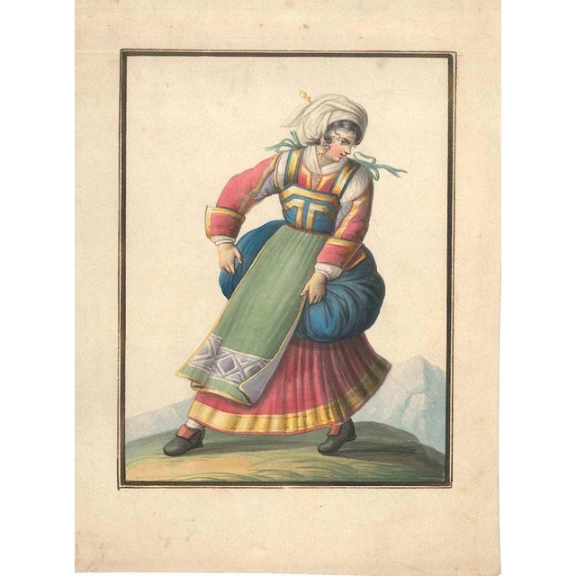 Watercolour on ivory colored paper, 1820 c.a. Representing a woman in typical Italian costumes of XIX century. Good...