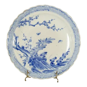 19th Century Japanese Hand-Painted Blue & White Porcelain Charger Plate with Foliage Décor