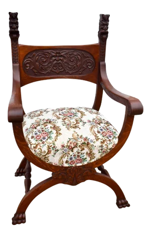 Vintage Carved Oak Jacobean Style U Shaped Chair W/Figural Faces