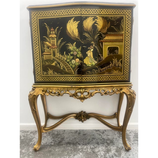Chinoiserie 19th Century Petite Rococo Style Asian Dry Bar Chinoiserie Hand Painted Cocktail and Liquor Cabinet From Saint-Malo France Estate For Sale - Image 3 of 13