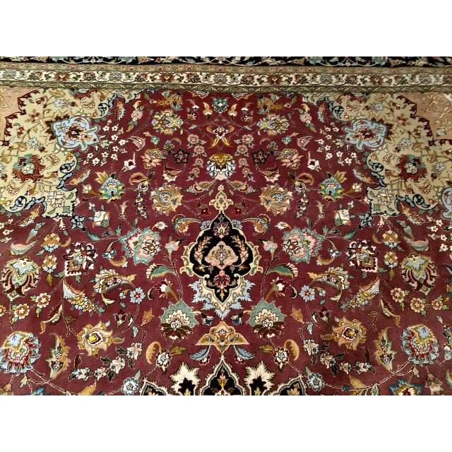 Vintage Persian Tabriz Rug, Hand-Knotted Wool & Silk, Fine Floral Pattern, Burgundy & Navy, 10x13 For Sale - Image 12 of 18