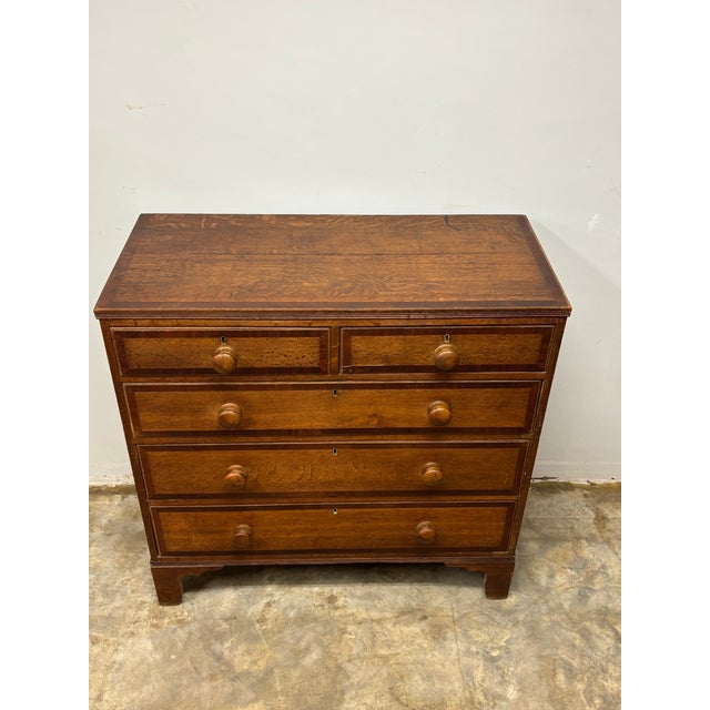 Antique English Oak Chest of Drawers With Mahogany Inlay For Sale - Image 4 of 10
