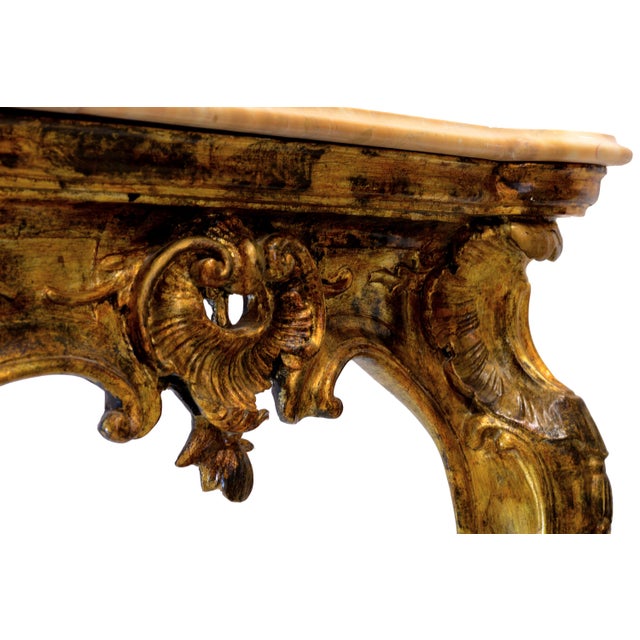 Antique Louis XIV Italian Console Table with Carved Gilded Wood and Yellow Siena Marble, 18th Century For Sale - Image 6 of 9