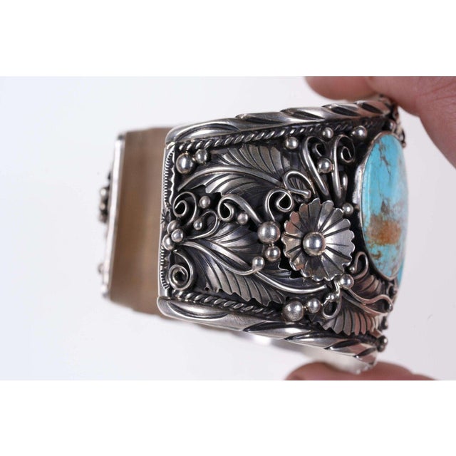Late 20th Century Huge Navajo Sterling and Turquoise cuff by Augustine Largo For Sale - Image 4 of 8