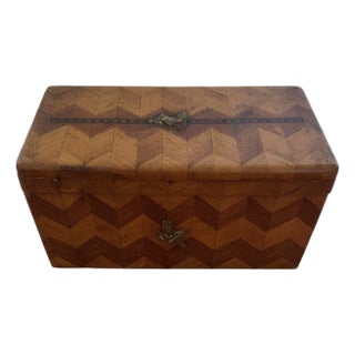 Handmade Antique Wooden Box With Geometric Herringbone Chevron Parquetry Inlay For Sale