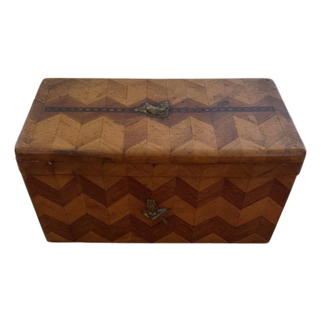Handmade Antique Wooden Box With Geometric Herringbone Chevron Parquetry Inlay For Sale