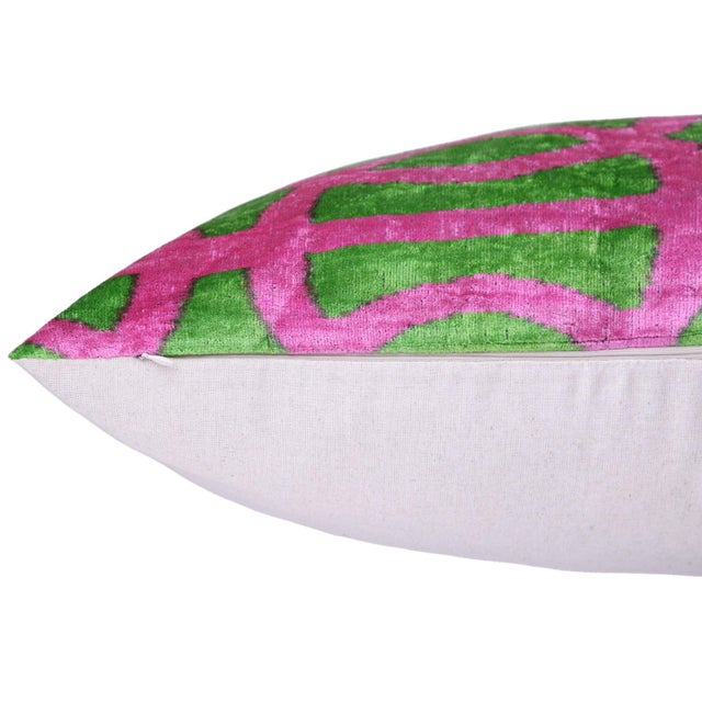 Emerald Handmade 16x16 Velvet Pillow – Pink & Green Geometric Design For Sale - Image 8 of 8