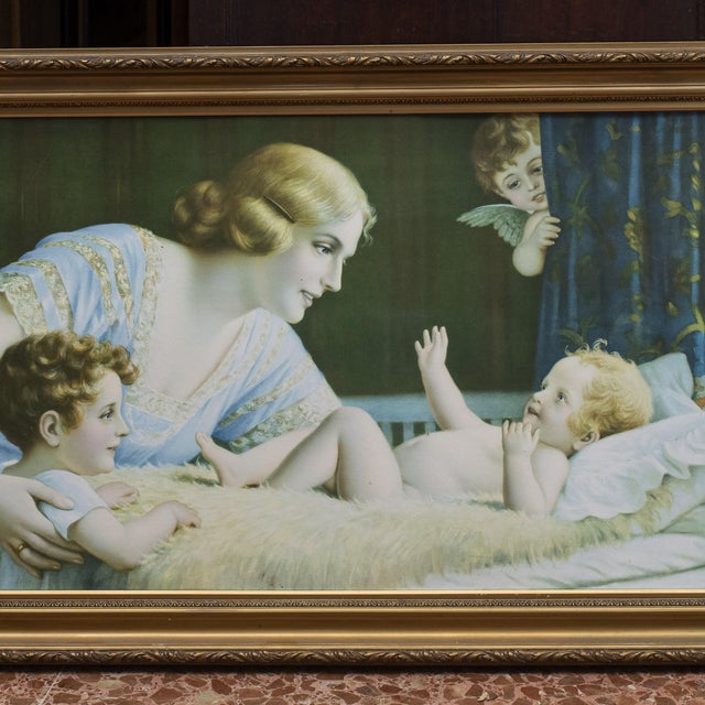 Large painting masterpiece lithograph on canvas with frame italy 1930. Mother with her children in the moment before she...