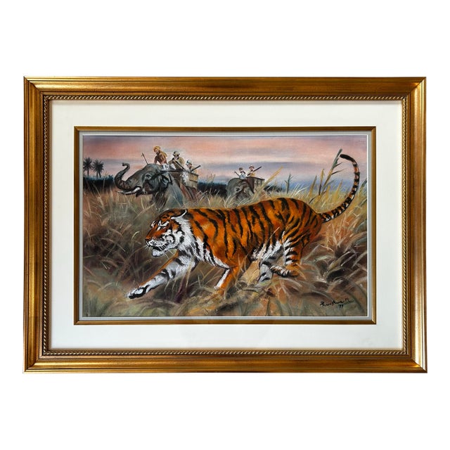 Vintage Original Large Framed Pastel of a Tiger in Safari For Sale