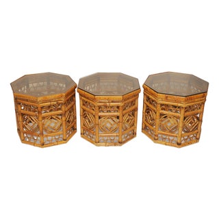 Hexagonal Bamboo Side Tables with Smoked Glass Tops, 1970s, Set of 3 For Sale