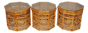 Hexagonal Bamboo Side Tables with Smoked Glass Tops, 1970s, Set of 3