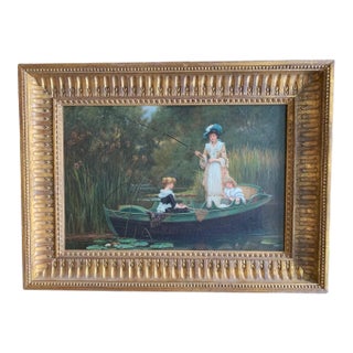 Circa 1900 "Fishing With the Children" Impressionist Figurative Bucolic Oil Painting, Framed For Sale