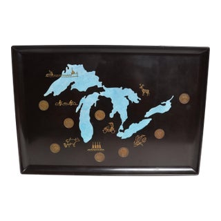 Large Mid-Century Black Resin Pigment and Brass Inlaid "Great Lakes" Tray by Couroc For Sale