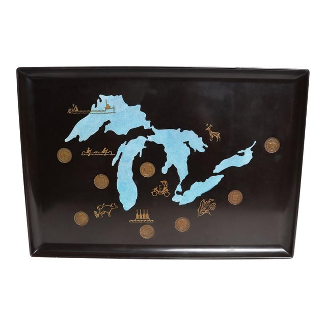 Large Mid-Century Black Resin Pigment and Brass Inlaid "Great Lakes" Tray by Couroc For Sale
