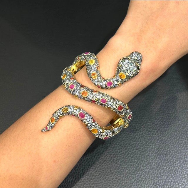 Bochic "Orient" Vintage Sapphire & Ruby Serpent Cuff Set In 18K Gold & Silver For Sale - Image 14 of 18