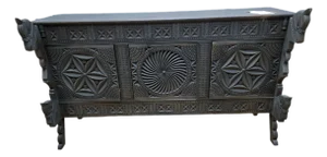 Vintage Chinese Carved Ornate Elmwood Sideboard With Horse Motifs