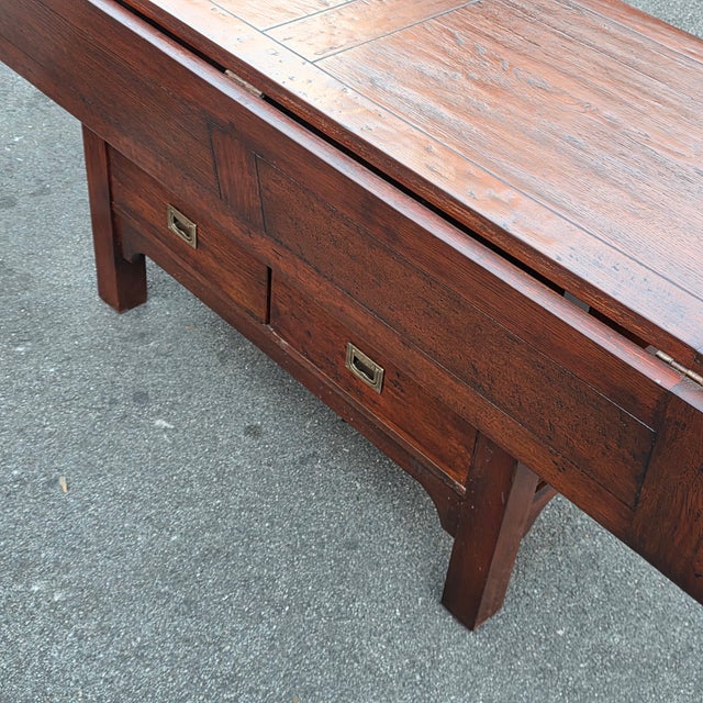 Chocolate American Craftsman Style Rustic Oak Drop-Leaf Console/Dining Table, Imported From Bulgaria by Crate & Barrel Co., 2005 [Unsigned] For Sale - Image 8 of 15