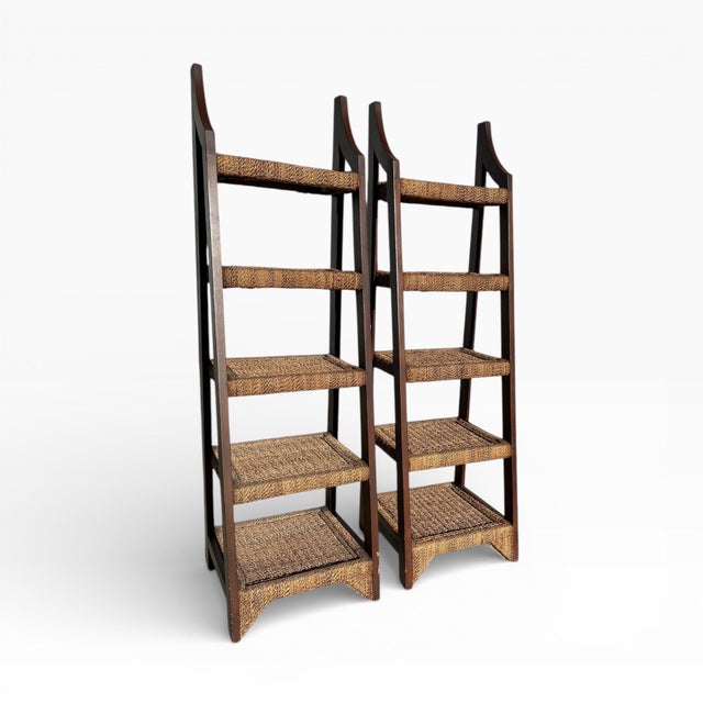 Pair of Mid-Century Wood and Woven Rush Etageres, 20th Century For Sale - Image 10 of 18