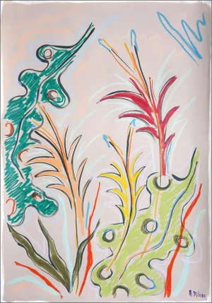 2025, Expressionist Drawing of Vivid Lush Leaves, Wax Crayon on Watercolor Paper by Romina Milano