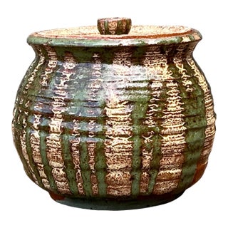 Vintage Textured Pottery Lidded Jar For Sale