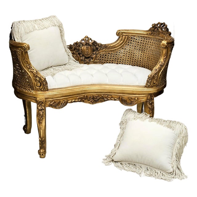 Ivory Palace – French-Inspired Bench With Elegant Velvet Upholstery & Ornate Gold Leaf Accents For Sale