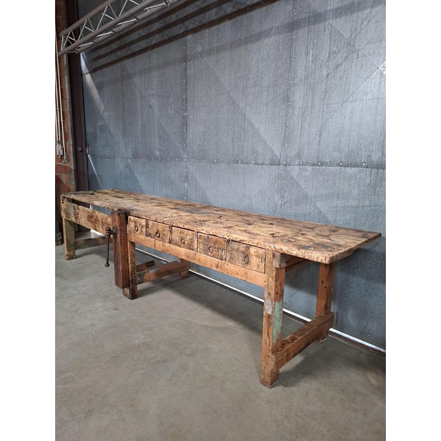 Rustic Long Industrial Wooden Workbench For Sale - Image 3 of 9