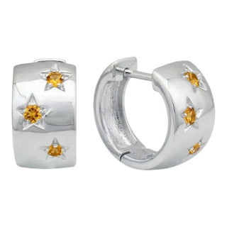 Vintage Style Citrine Star Hoop Earrings, 925 Silver Huggie Hoops, November Birthstone Jewelry - A Pair For Sale